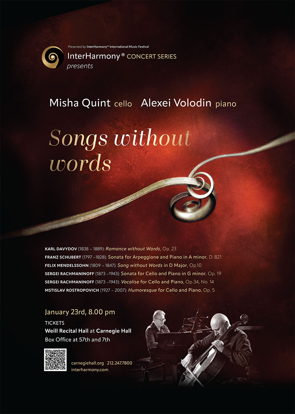 CELLIST MISHA QUINT AND PIANIST ALEXEI VOLODIN PERFORM IN SONGS WITHOUT WORDS AT CARNEGIE HALL ON JAN 23 AT 8PM